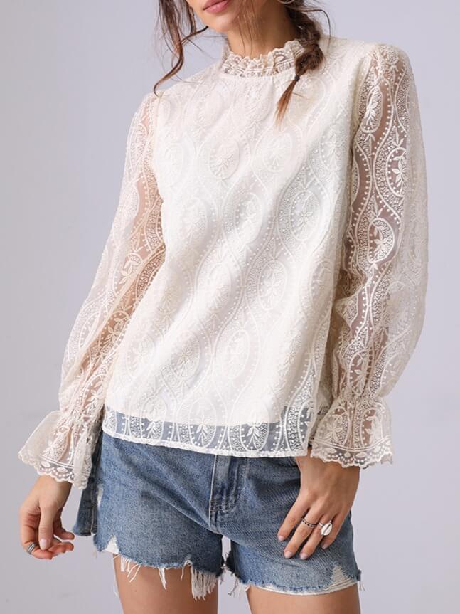 Trendy Hollow Out Embroidered Long Sleeve Top