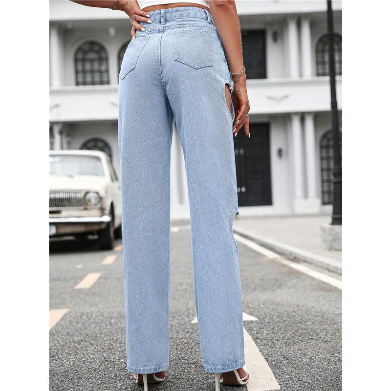 Casual Retro Side Ripped Heart-Shaped High-Waisted Loose Wide-Leg Jeans