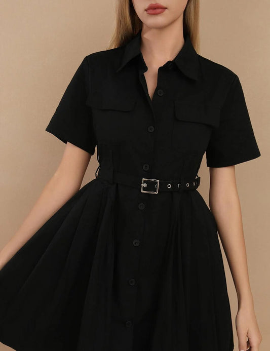 Lapel Button Waist Tie Mini Dress