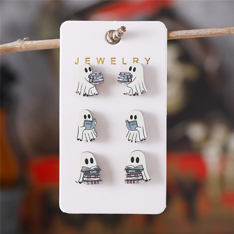 Wooden Ghost-Shaped Earrings Set For Halloween