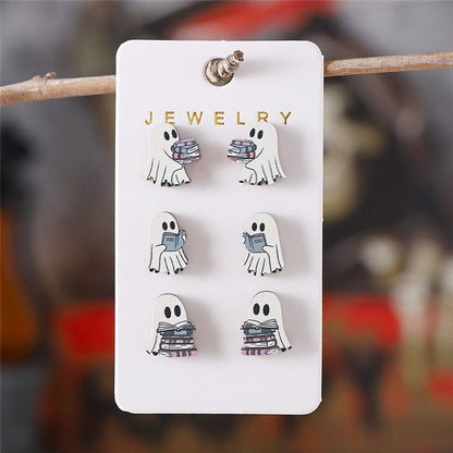 Wooden Ghost-Shaped Earrings Set For Halloween