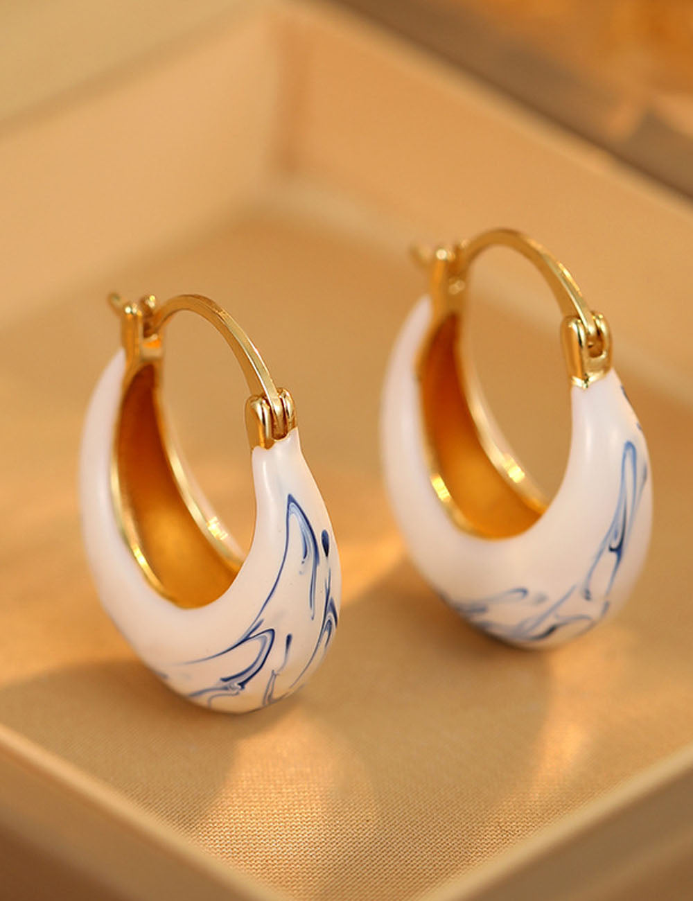 Irregular Blue White Porcelain Hoop Earrings