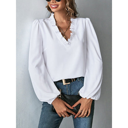 Long Sleeves Loose Ruffled Solid Color V-Neck Blouses&Shirts Tops