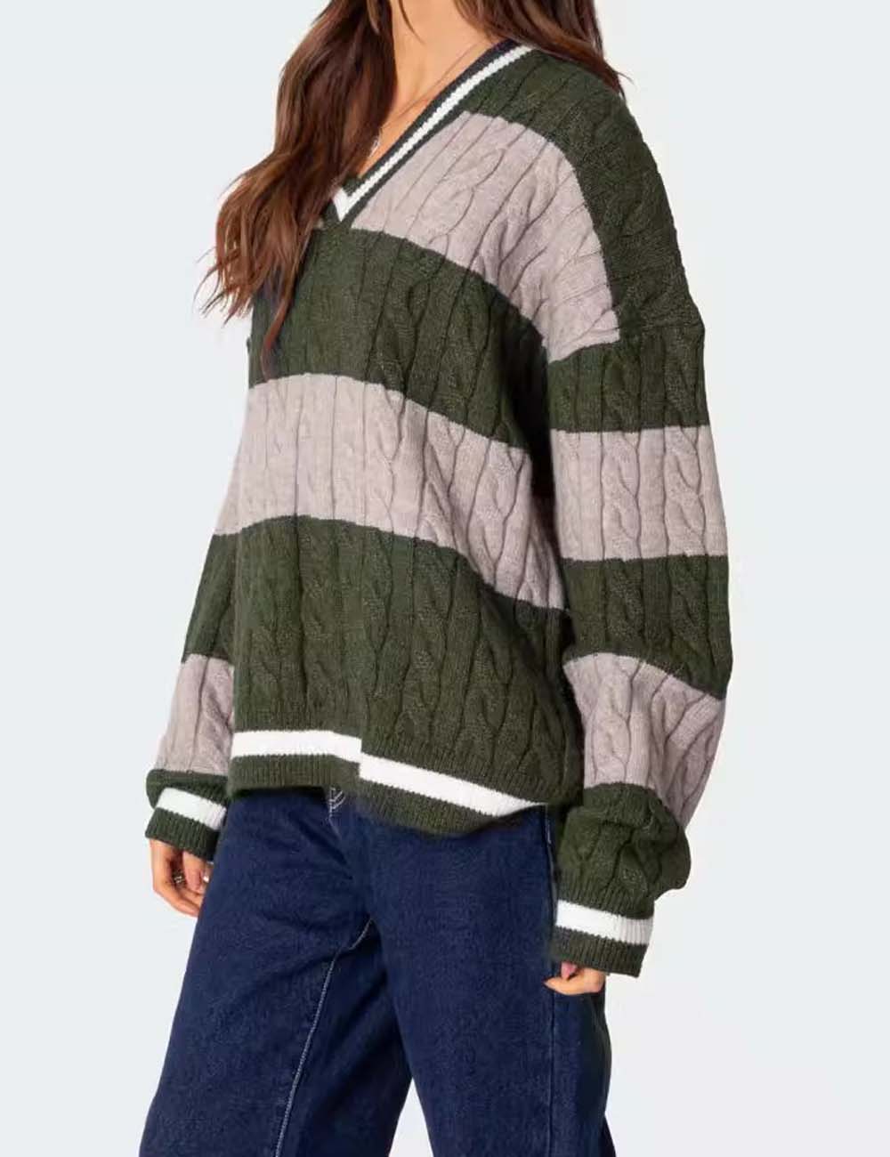 Color Block Striped V-Neck Oversized Sweater