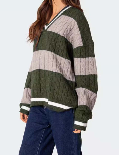 Color Block Striped V-Neck Oversized Sweater