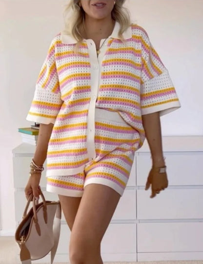 Striped Color Block Lapel Knit Sets