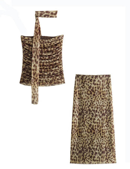 Leopard Print Bandeau Top and Skirt Sets