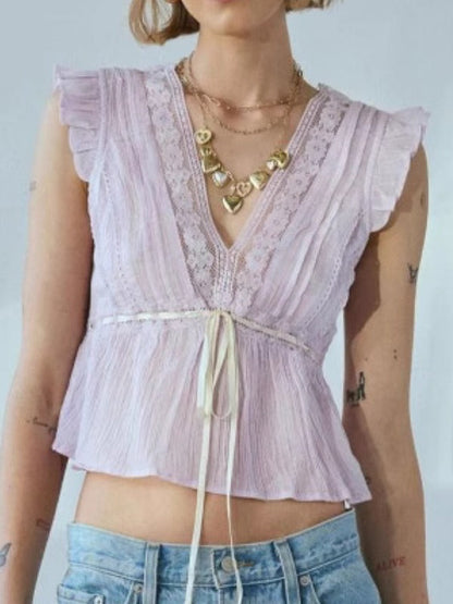 Simple V-Neck Lace Tie Waist Top
