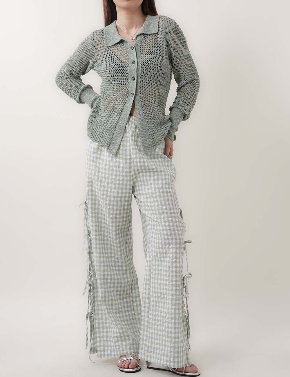 Bow Side Split Plaid Casual Pants