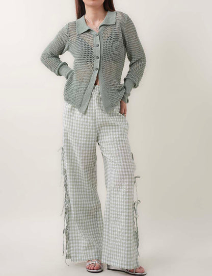 Bow Side Split Plaid Casual Pants