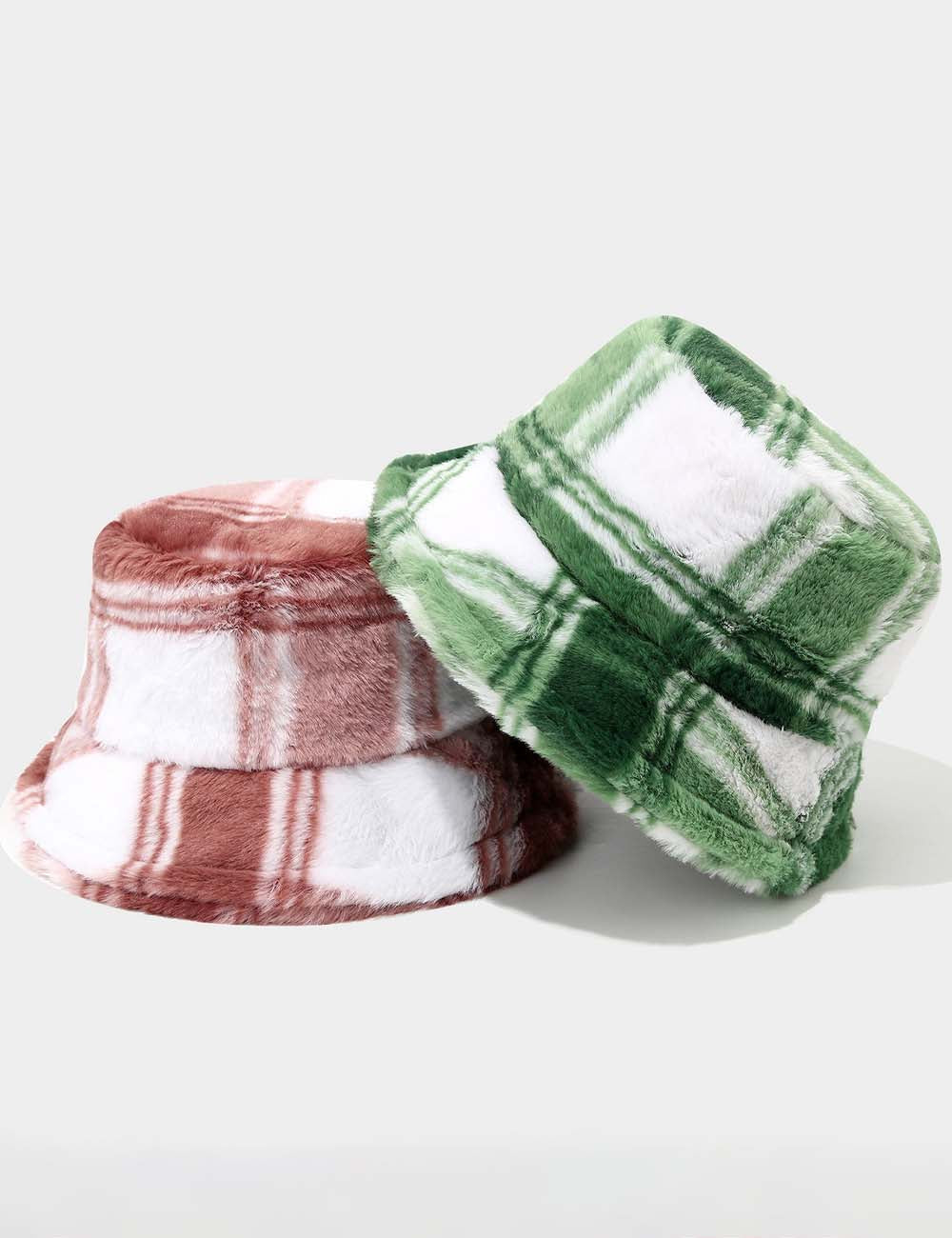 Color Block Plaid Soft Fleece Bucket Hat