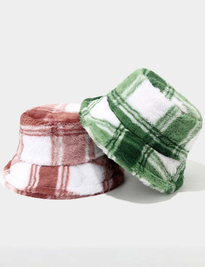 Color Block Plaid Soft Fleece Bucket Hat