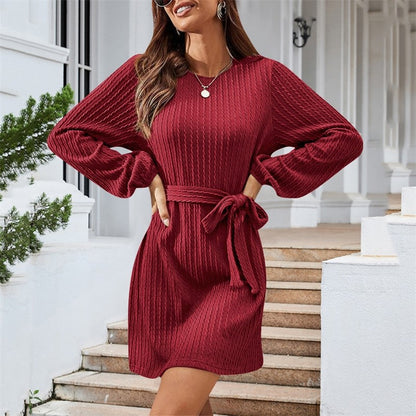 Ladies Belt Long Sleeve Twist Knit Dress Puff Sleeve Casual Dress
