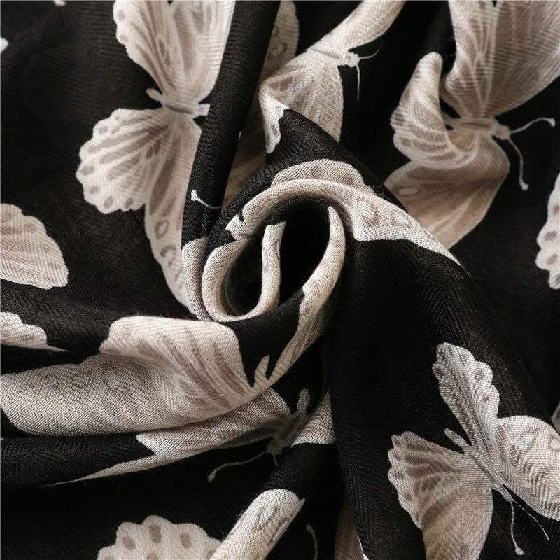 Black Butterfly Print Cotton Linen Scarf