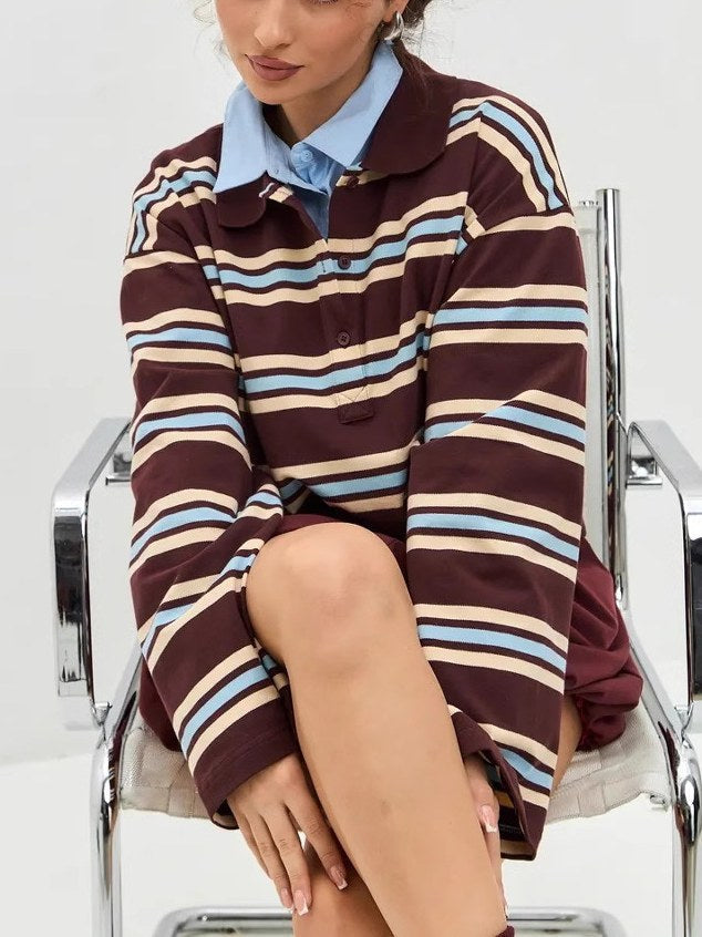 Vintage Striped Lapel Loose Pullover Tops