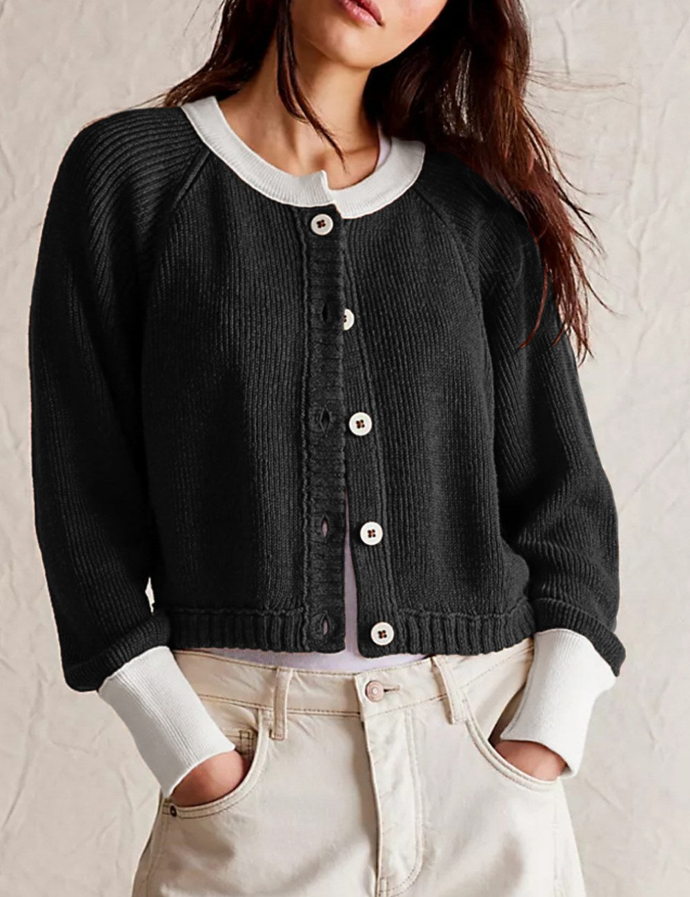 Contrast Color Button Knit Cardigan