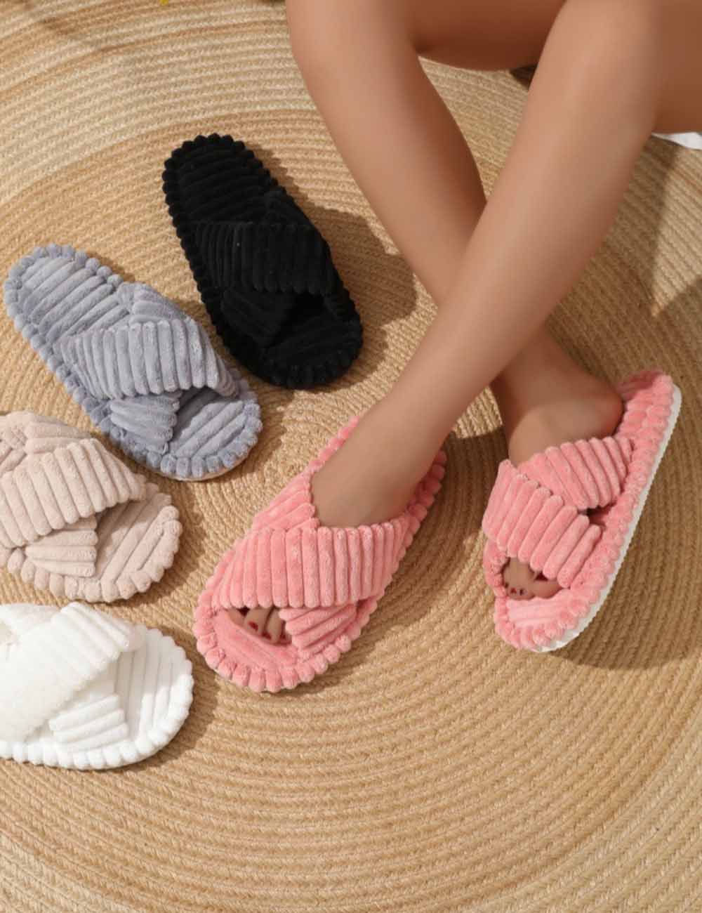 Simple Solid Color Cross Band Indoor Slippers