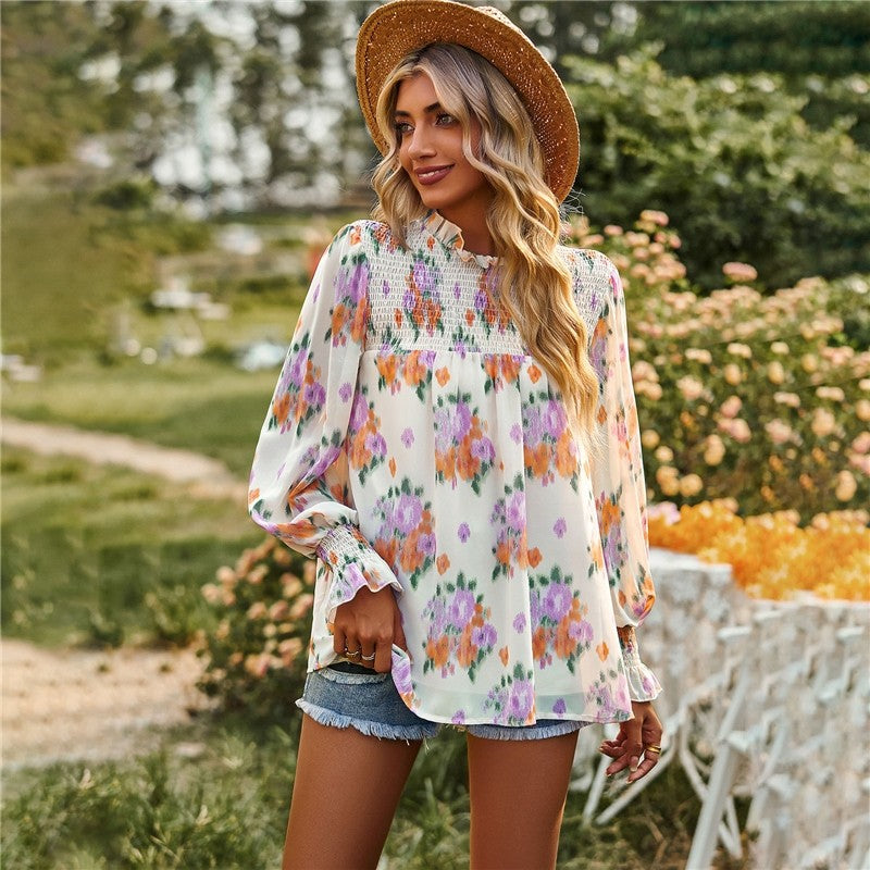 Long Sleeves Floral Printed Double-Layer Blouse