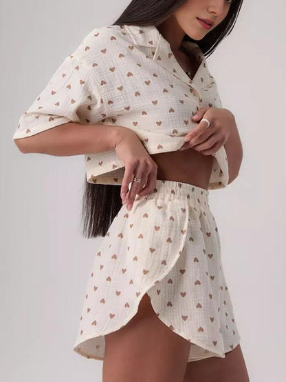 Print Button Down Top Shorts Loungewear Set