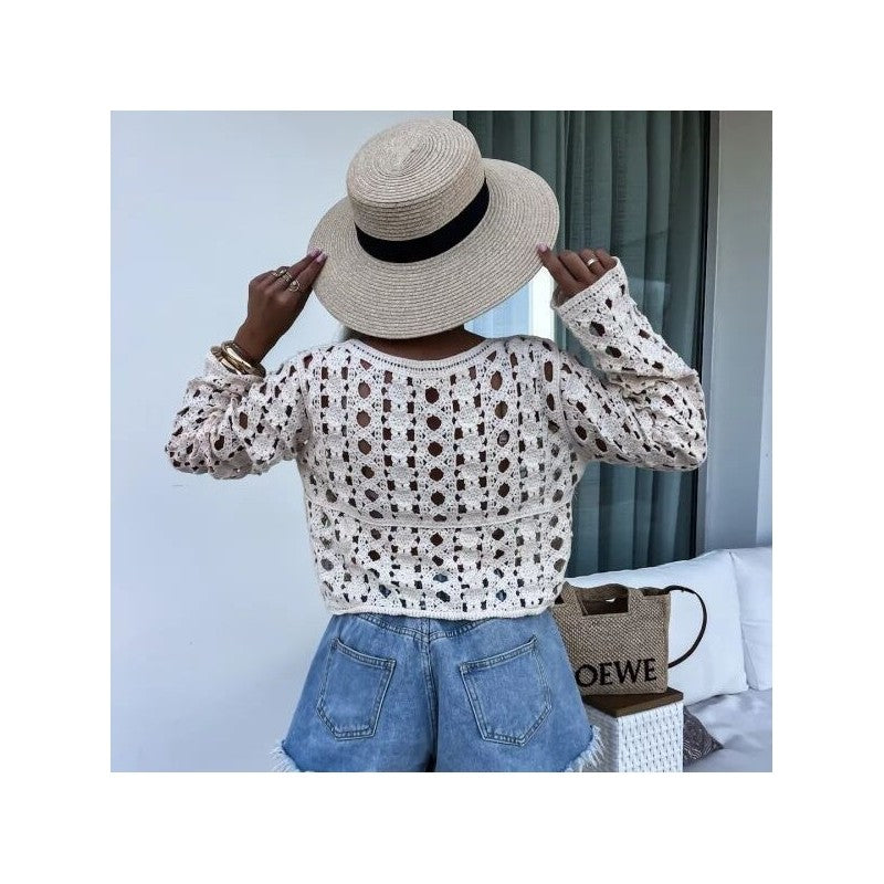 Solid Color Knit Long Sleeve Skeleton Top