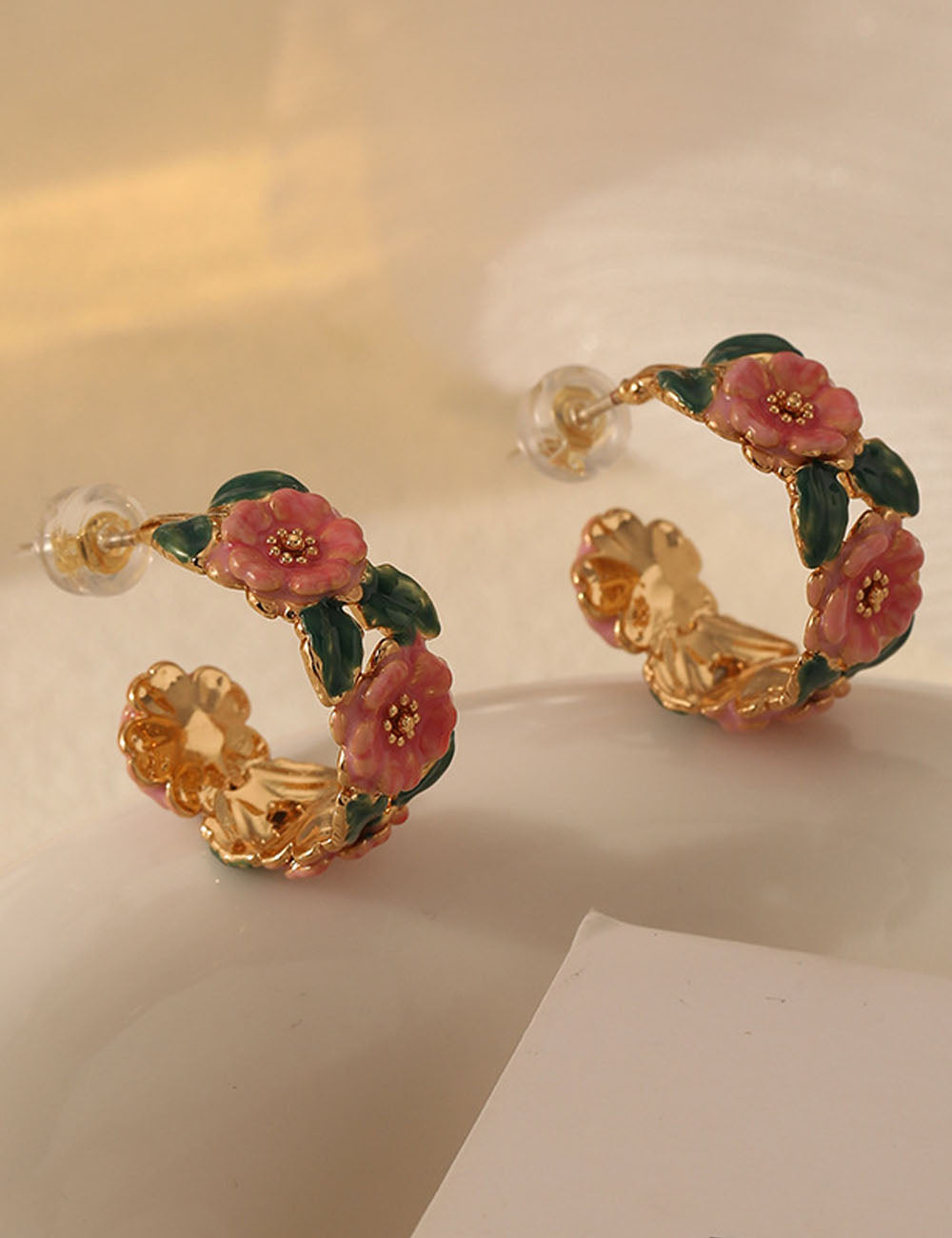 Vintage Camellia Enamel Drip Glaze Hoop Earrings