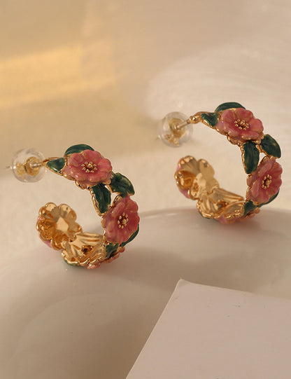 Vintage Camellia Enamel Drip Glaze Hoop Earrings