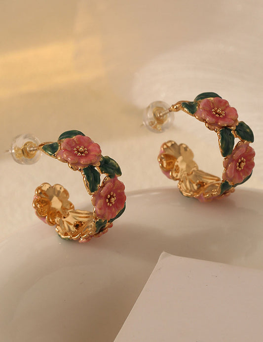 Vintage Camellia Enamel Drip Glaze Hoop Earrings