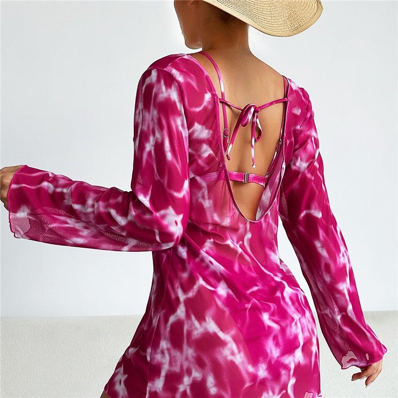 Split Three Piece Tie-Dye Printed Bikini Swimsuit