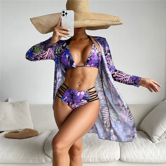 Split Three Piece Long Sleeve Bikini Swimsuit