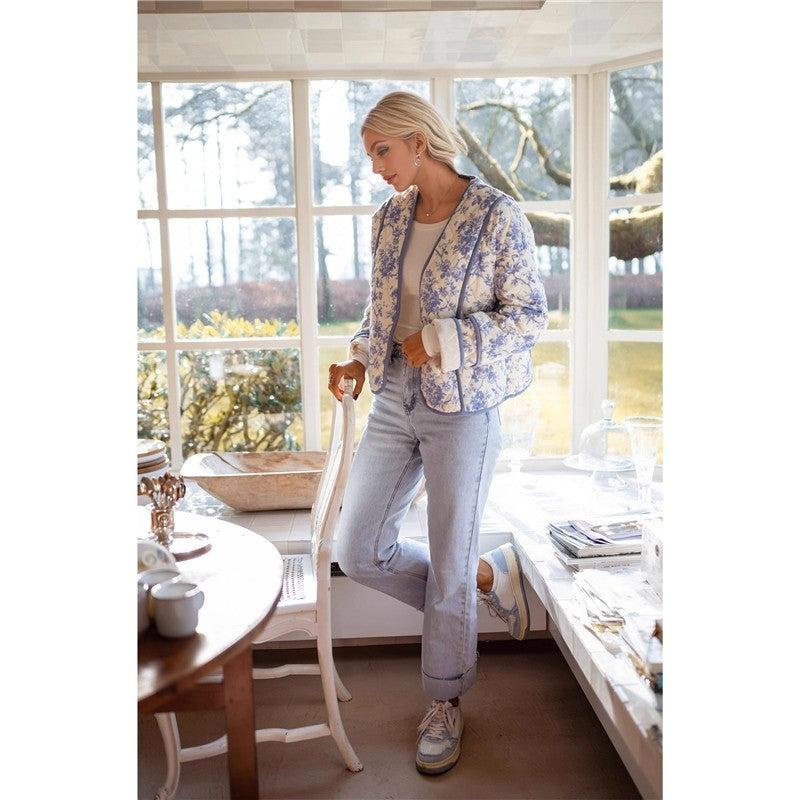 V-Neck Retro Print Cotton Jacket