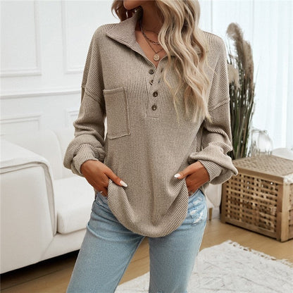 Orange Casual Turn-Down Collar Knit Sweater