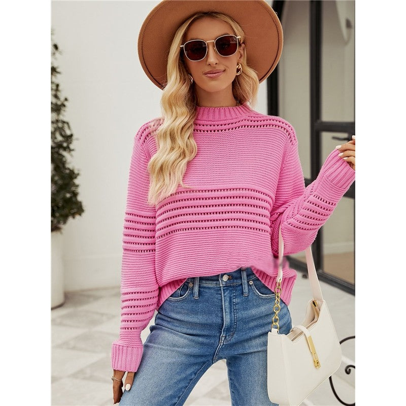 Solid Color Long Sleeve Crewneck Hollow Pullover Knitted Sweater