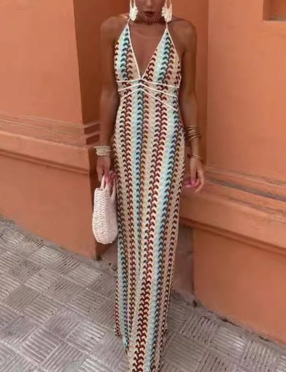 Backless Striped Halter Maxi Knit Dress