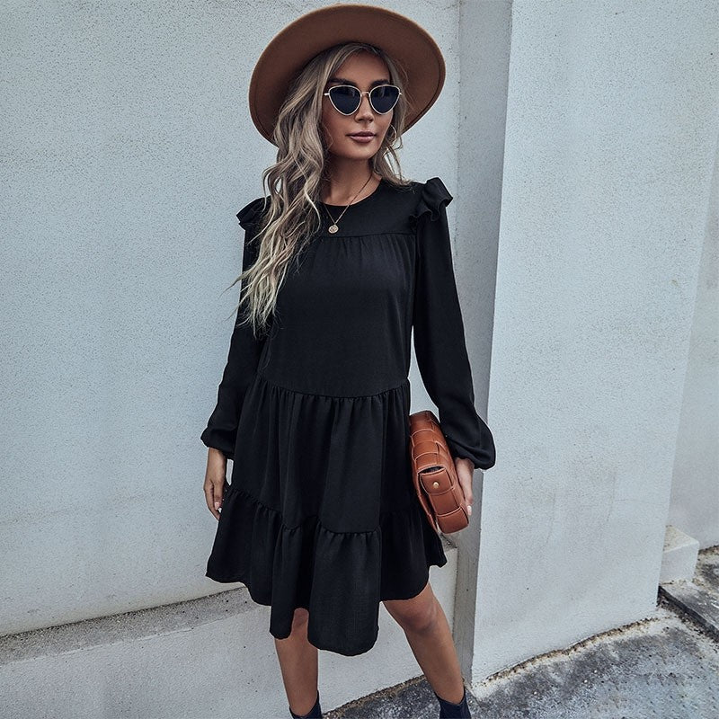 Long Sleeve Black Loose Hepburn Style Dress