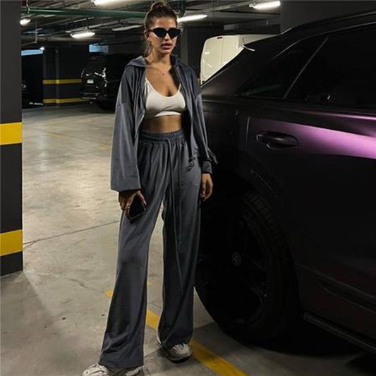 Stylish Velvet Zip-Up Top And Drawstring Pants Set