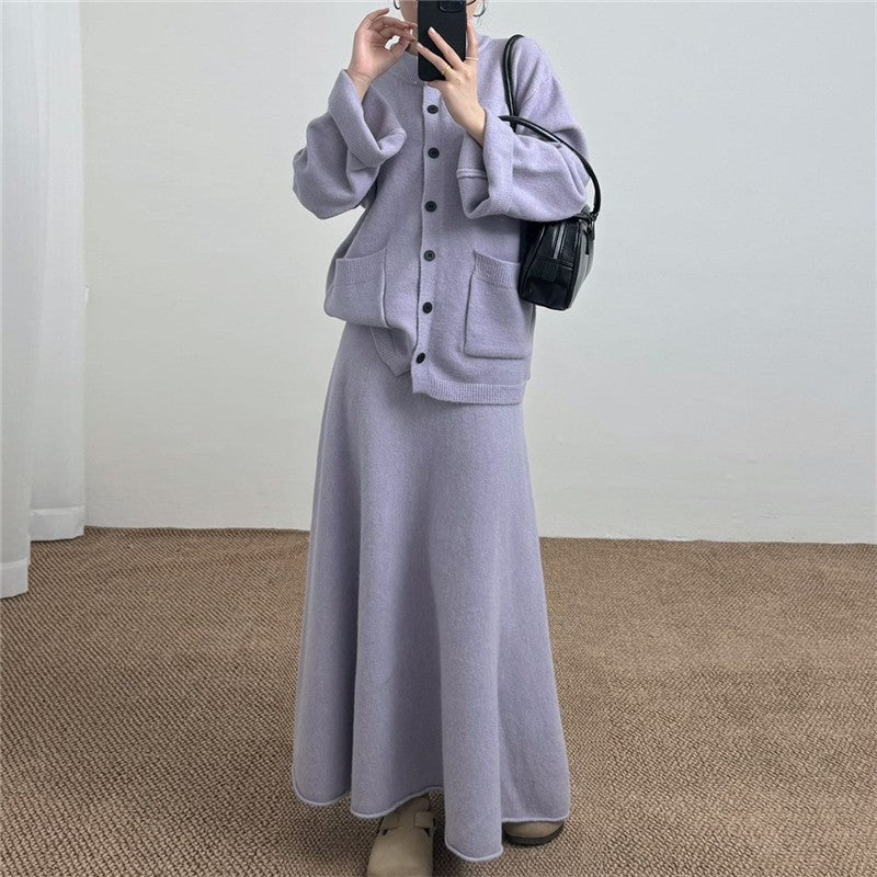 Solid Color Round Neck Knit Set Loose Fit Sweater Dress Two-Piece