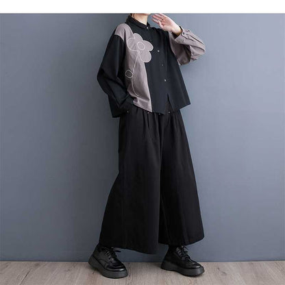 Long Sleeve Lapel Single Breasted Embroidery Loose Blouse