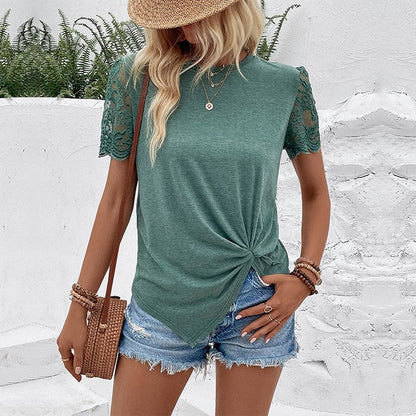 Short-Sleeve Round-Neck Solid Color Blouse