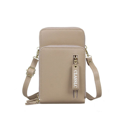 PU Leather Solid Color Double Layer Zippers Large Capacity Multifunctional Cell Phone Purse Crossbody Bag