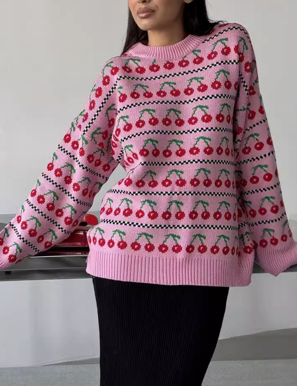 Cherry Print Contrast Color Sweater