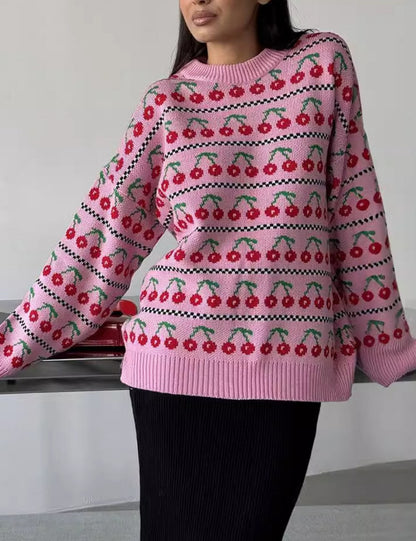 Cherry Print Contrast Color Sweater