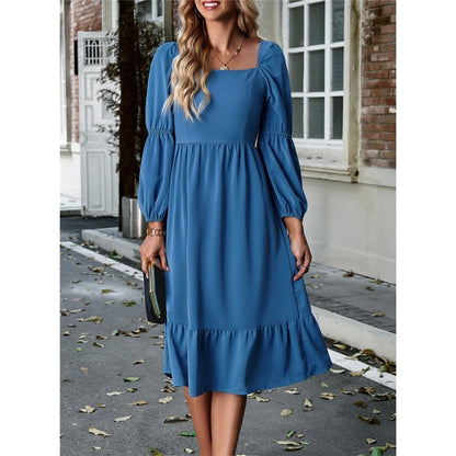 Solid Color Square Neck Ruffle Skirt Waisted Long-Sleeved Dress