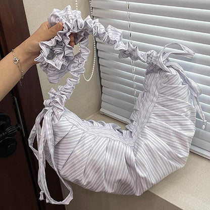 Ruched Striped Drawstring Casual Shoulder Bag