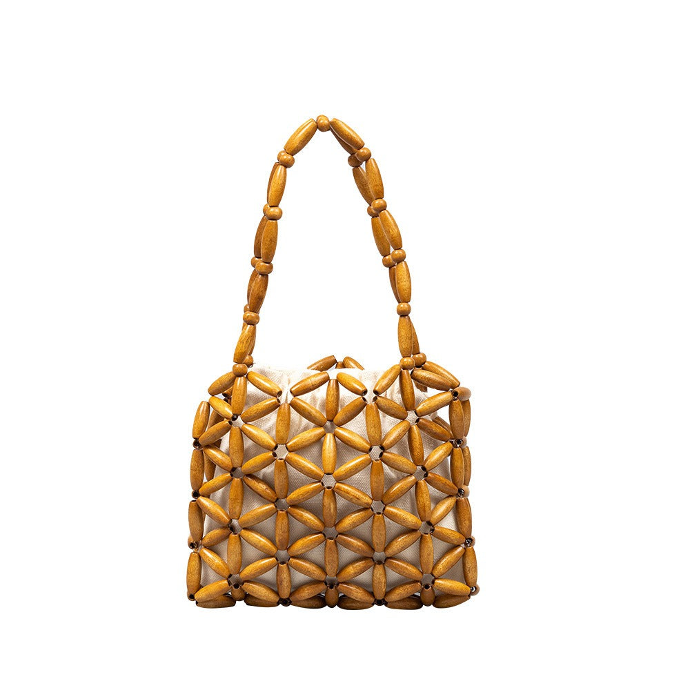 Wooden Bead Drawstring Handbag