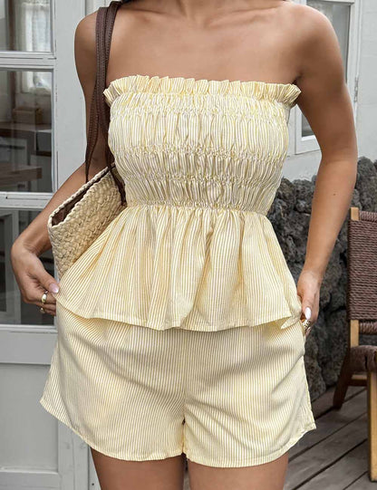 Simple Strapless Ruffle Trim Top Shorts Set