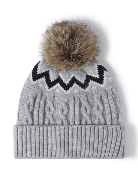 Splicing Twist Padded Knit Pom Beanie