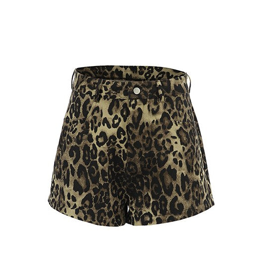Retro Leopard Print Slim Denim Shorts