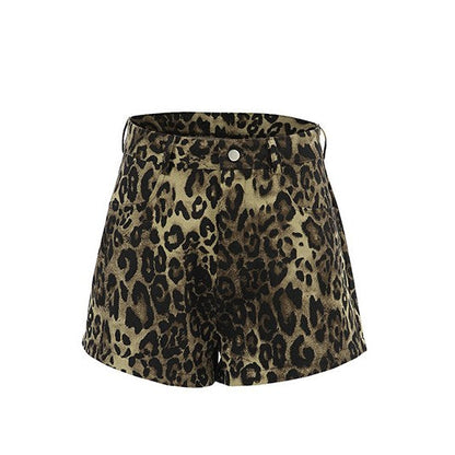 Retro Leopard Print Slim Denim Shorts