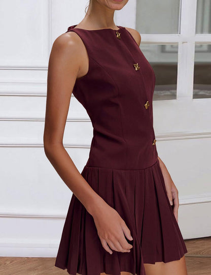 Simple Pleated Solid Color Mini Dress