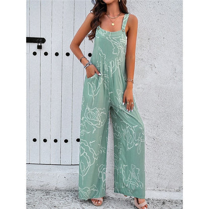 Contrast Color Printing Sleeveless Wide Leg Jumpsuits